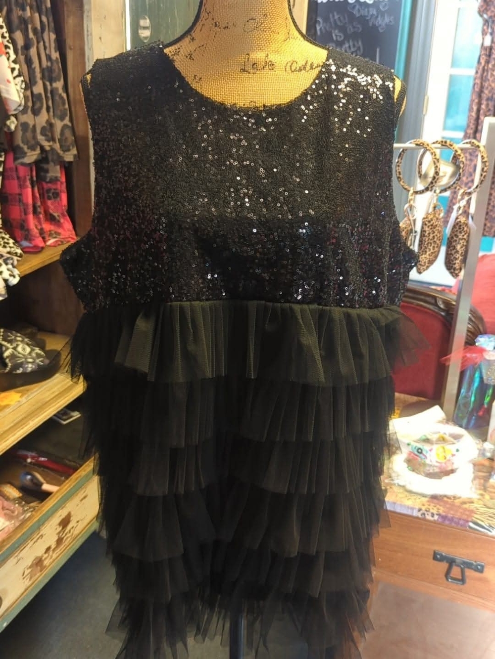 Sparkling Black Sequin & Tulle Tiered Women's Top